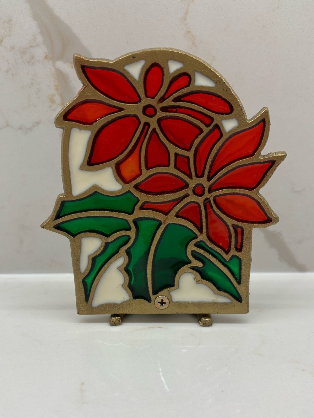 Christmas Glo Candle Holder Stained Glass Poinsettia Holly Gold Tone Metal Vtg